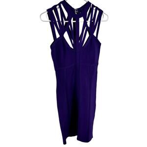 Bebe Mini Bodycon Dress Strappy V Neck Cutout Stretch Party Club Purple Small